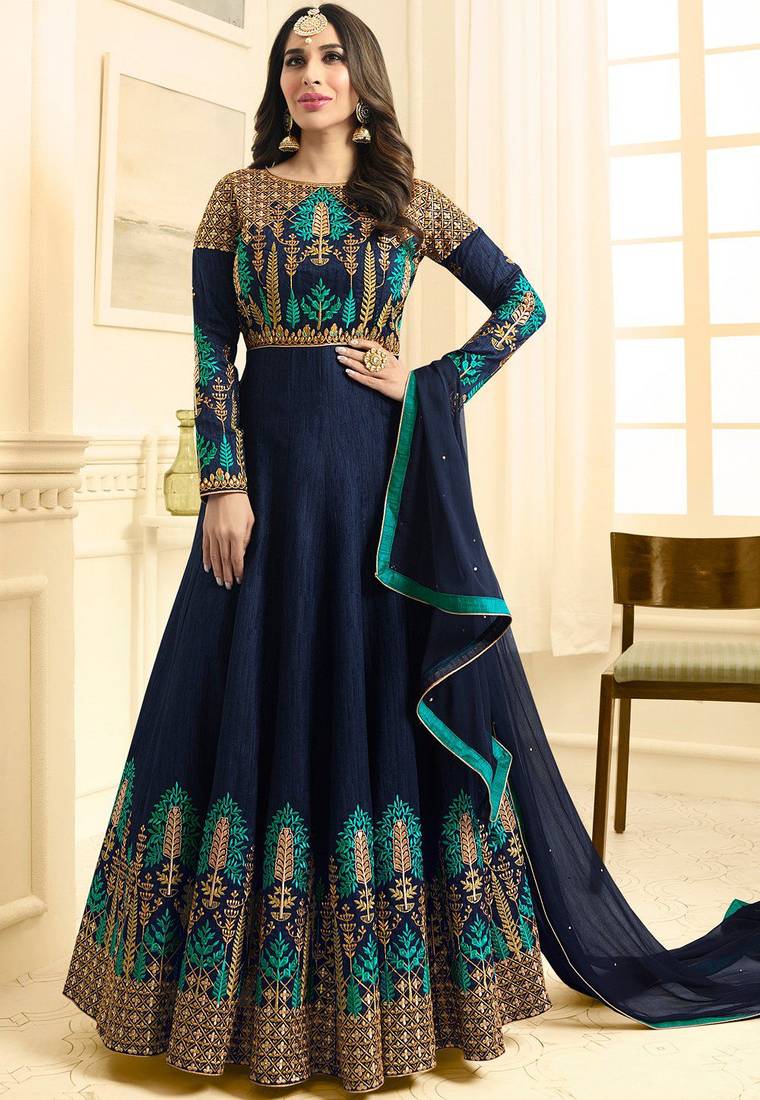 Blue Silk Semi Stitched Embroidery Anarkali Salwar Suit /Gown