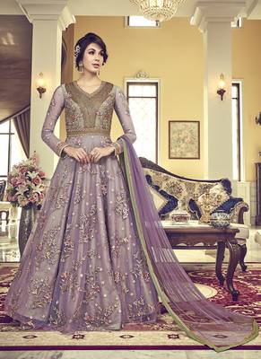 Light-violet embroidered net salwar suits 1
