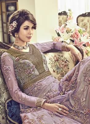 Light-violet embroidered net salwar suits 4