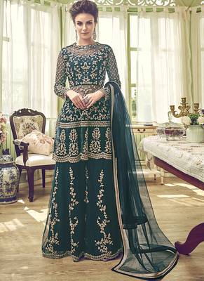 Teal-green embroidered net sharara suits 1