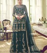 Teal-green embroidered net sharara suits