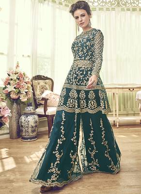 Teal-green embroidered net sharara suits 2
