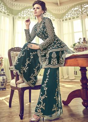Teal-green embroidered net sharara suits 3