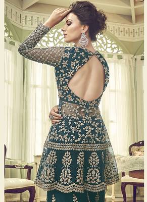 Teal-green embroidered net sharara suits 4
