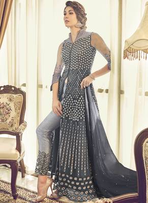 Dark-Grey Embroidered Net Salwar Suits 1