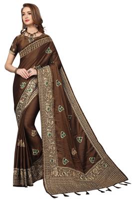 Brown Embroidered Satin Saree With Blouse 1