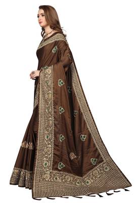 Brown Embroidered Satin Saree With Blouse 2