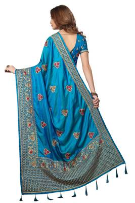 Blue embroidered satin saree with blouse 3