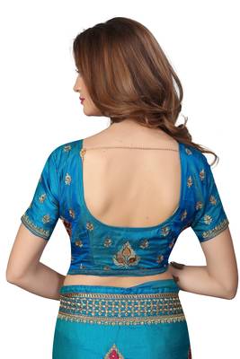 Blue embroidered satin saree with blouse 5