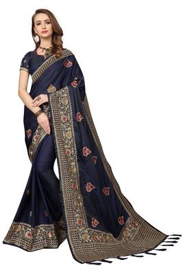 Navy blue embroidered satin saree with blouse 1