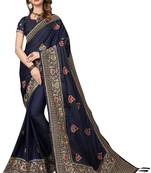 Navy blue embroidered satin saree with blouse
