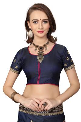 Navy blue embroidered satin saree with blouse 4