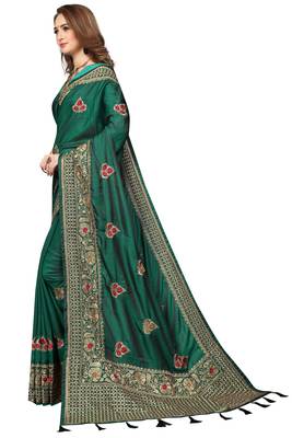 Green Embroidered Satin Saree With Blouse 2