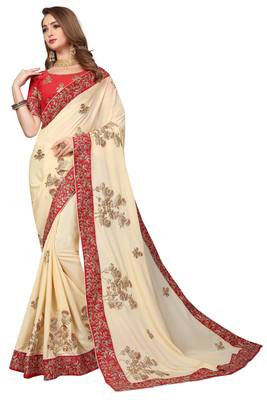 Cream Embroidered Satin Saree With Blouse 1