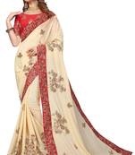 Cream Embroidered Satin Saree With Blouse