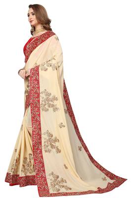 Cream Embroidered Satin Saree With Blouse 2