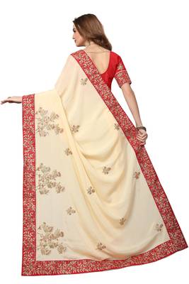 Cream Embroidered Satin Saree With Blouse 3