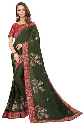 Dark Green Embroidered Satin Saree With Blouse 1
