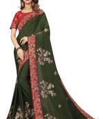 Dark Green Embroidered Satin Saree With Blouse