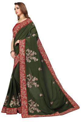 Dark Green Embroidered Satin Saree With Blouse 2
