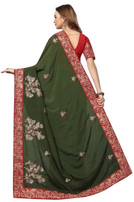 Dark Green Embroidered Satin Saree With Blouse 3