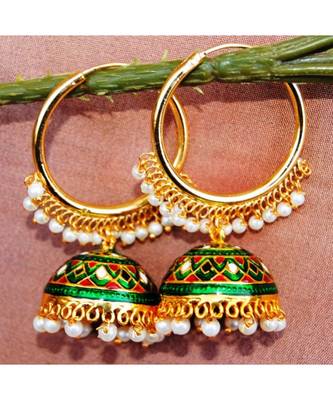 Colorful Green Gold Bali Meenakari Jhumka Earrings 1
