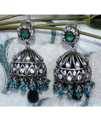 Sea Green Silver Jhumka Earrings 1