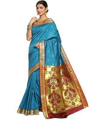 Turquoise Paithani Art Silk Saree with Blouse 2