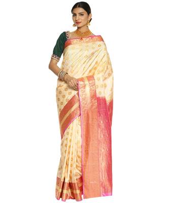 Beige Kanjeevaram  Art Silk Saree with Blouse 1