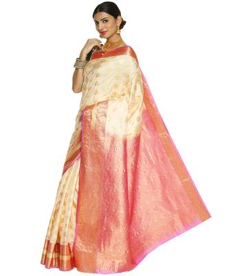 Beige Kanjeevaram  Art Silk Saree with Blouse 2