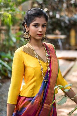 Yellow Readymade Silk Jacket blouse with Gold Brocade Collar 1