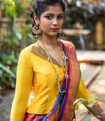 Yellow Readymade Silk Jacket blouse with Gold Brocade Collar