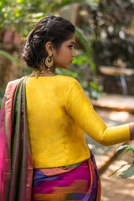Yellow Readymade Silk Jacket blouse with Gold Brocade Collar 2