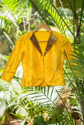 Yellow Readymade Silk Jacket blouse with Gold Brocade Collar 3