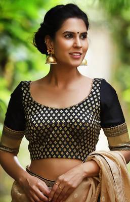 Black and gold brocade blouse with raw silk sleeves and gold bead edging 1