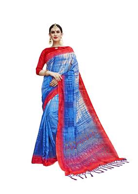 Blue printed khadi saree with blouse 1