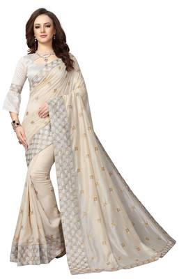 Off white embroidered silk saree with blouse 1