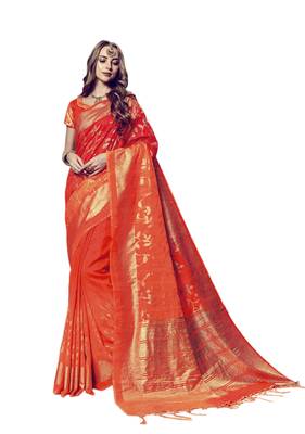 Orange printed art silk saree with blouse 1