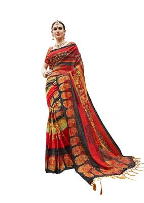 Red printed khadi saree with blouse 1