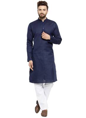Designer Navy Blue Plain Lenin Kurta Pajama 1