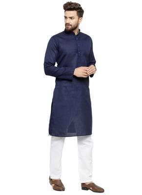 Designer Navy Blue Plain Lenin Kurta Pajama 2