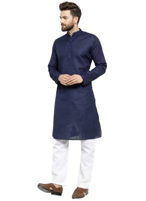 Designer Navy Blue Plain Lenin Kurta Pajama 3