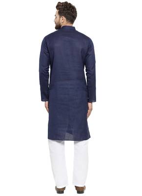Designer Navy Blue Plain Lenin Kurta Pajama 4