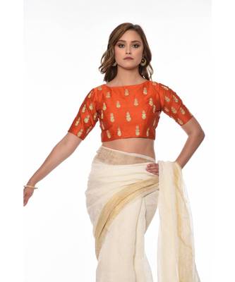 Orange Embroidered Dupion Readymade Blouse 1