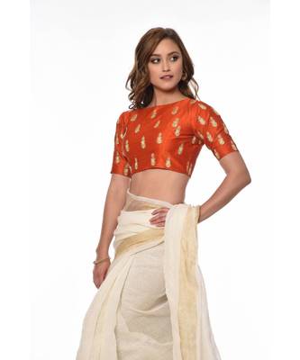 Orange Embroidered Dupion Readymade Blouse 3