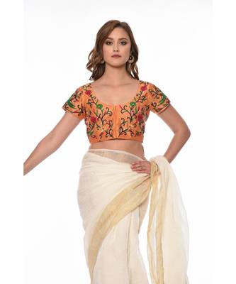 Beige Embroidered Dupion Readymade Blouse 1
