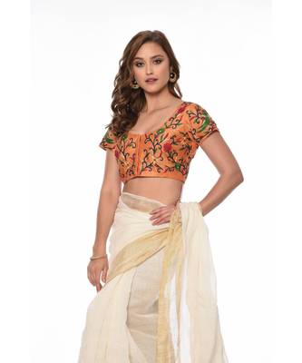 Beige Embroidered Dupion Readymade Blouse 3