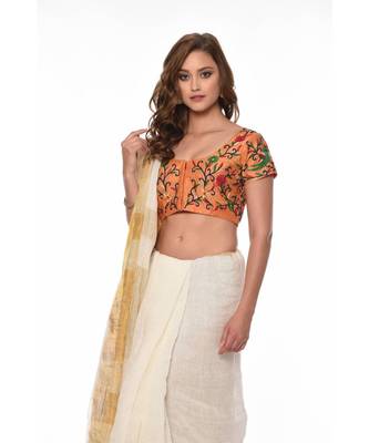 Beige Embroidered Dupion Readymade Blouse 4