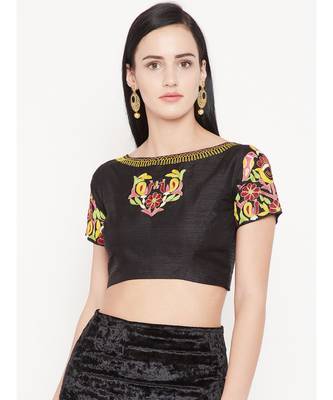 Black Embroidered Dupion Readymade Blouse 1