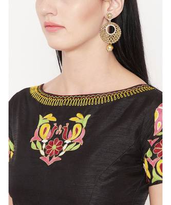 Black Embroidered Dupion Readymade Blouse 4